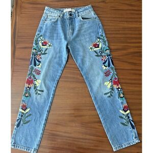 DiLViN JEANS‎ Women's Size 2 Embroidered Floral Cigarette Mid Rise Straight Blue